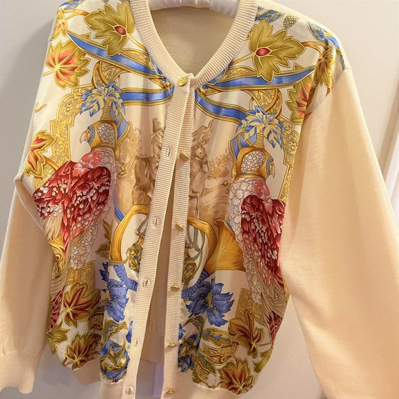 Vintage Sweaters - VINTAGE ANTIQUE ANIMALS FLORAL PATTERN SILK CARDIGAN